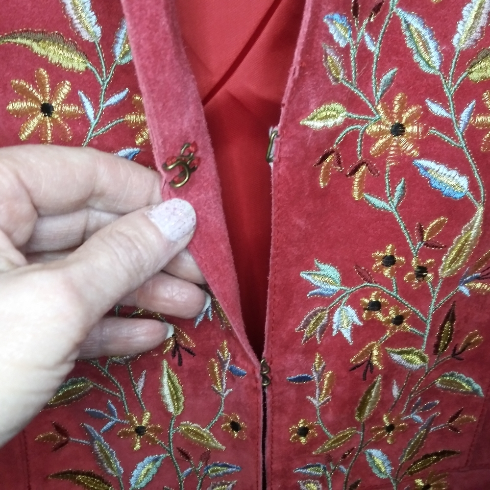 Avanti Boho/Southwestern Brick Red, Floral Embroidered Genuine Suede Coat - Picture 8 of 16